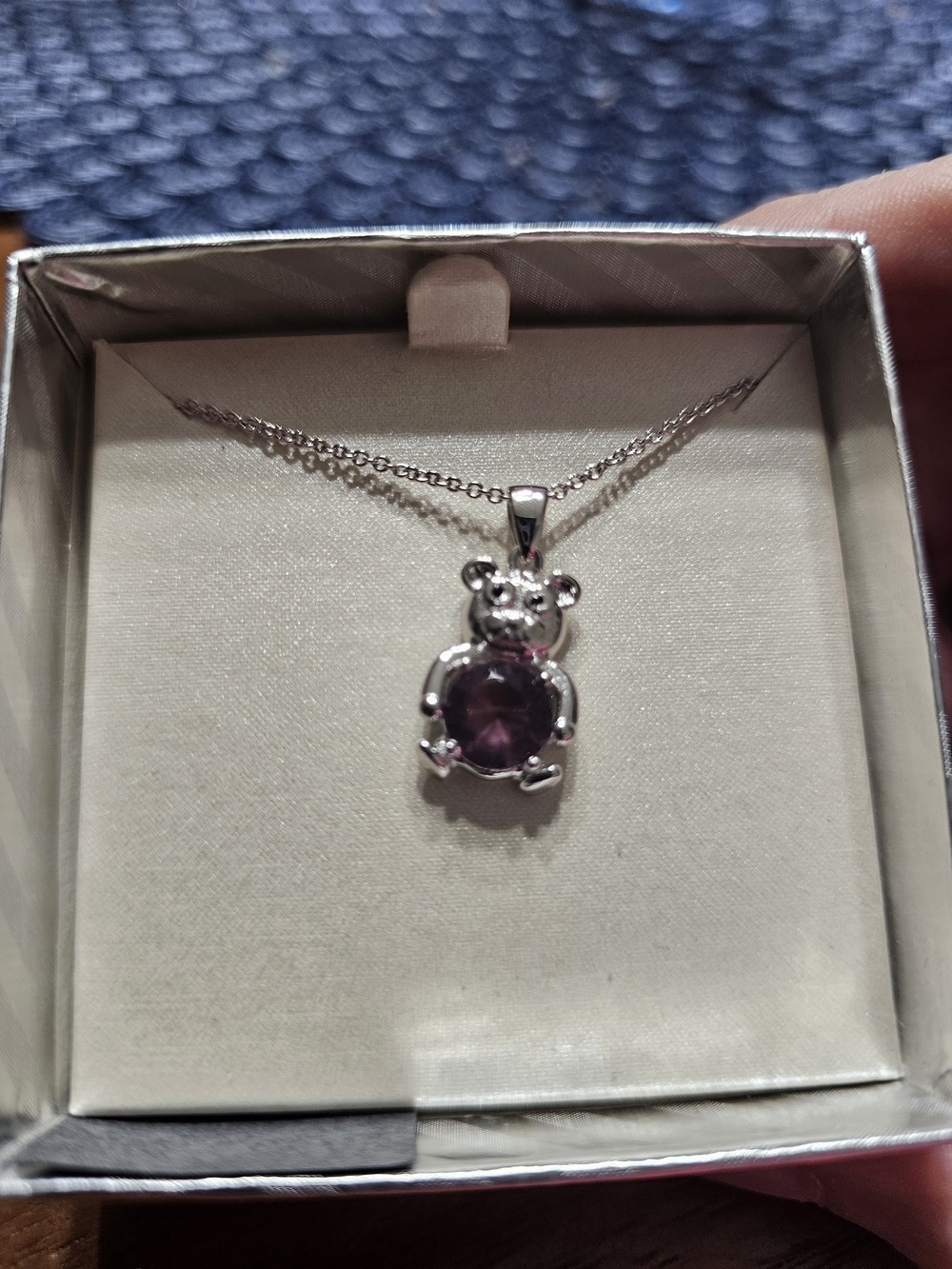 Sterling Silver Teddy Pendant Necklace with Purple Gem